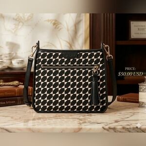 Spartina 449 Black and Cream Geometric Crossbody with Tassel Accent
